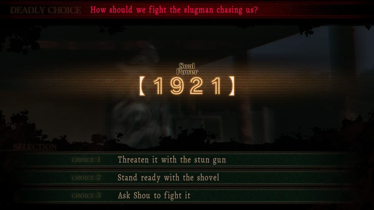 Deadly Choice screen showing power and slugman fight options.