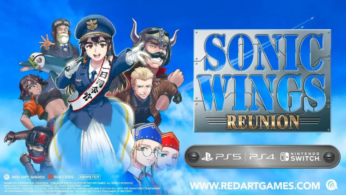 Sonic Wings Reunion cover art featuring multiple fighter jets flying against a vibrant sky background