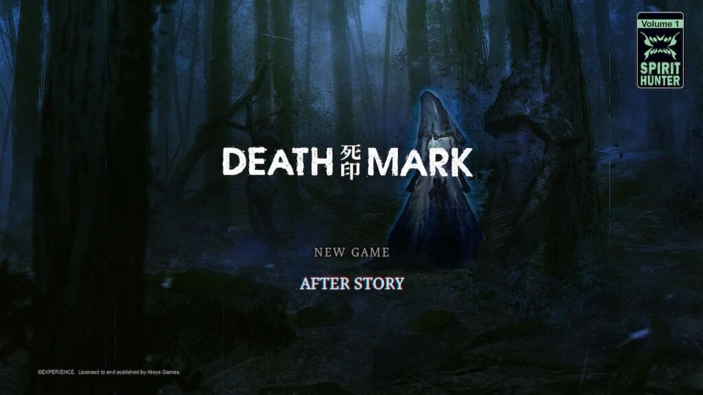Title screen with Death Mark logo, menu options, and ghost in forest.