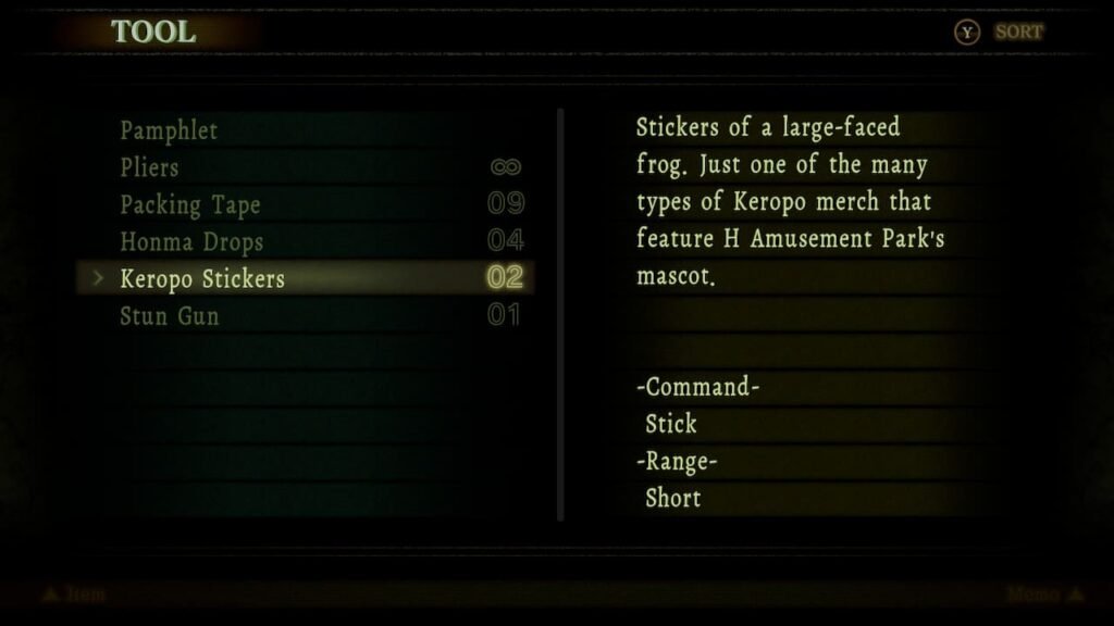 Tool screen with Keropo stickers and item actions highlighted.
