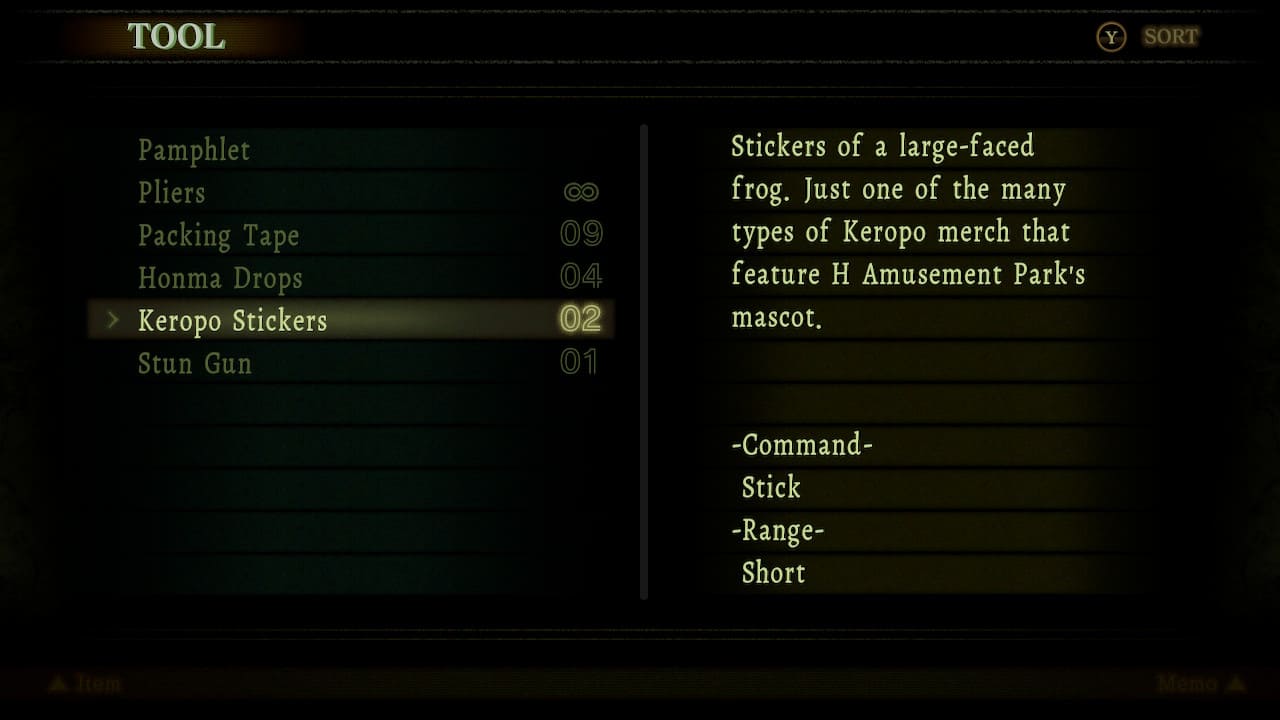 Tool screen with Keropo stickers and item actions highlighted.
