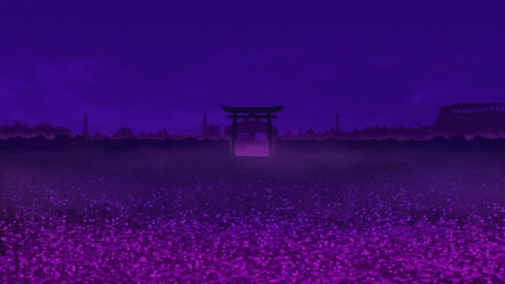 Tori gate surrounded by pink and purple flowers under an indigo sky.