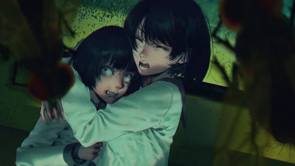 Two terrified girls hugging while swarmed by supernatural flies.