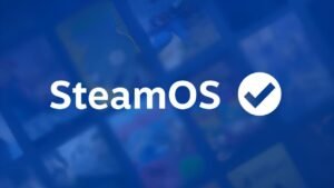 SteamOS Compatibility logo with white text and a checkmark on a blue background