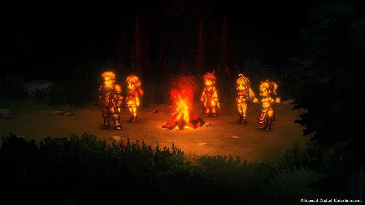 Party members gathered around a campfire at night in Suikoden STAR LEAP.