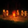 Party members gathered around a campfire at night in Suikoden STAR LEAP.