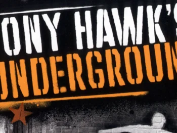 Official cover art for Tony Hawk’s Underground (2003) featuring skater performing graffiti-styled trick with THUG logo