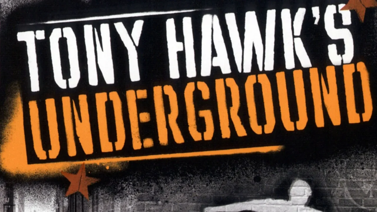 Official cover art for Tony Hawk’s Underground (2003) featuring skater performing graffiti-styled trick with THUG logo
