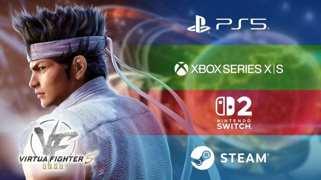 Virtua Fighter 5 REVO promotional image showing the fighter Akira with platform logos for PS5, Xbox Series X|S, Nintendo Switch 2, and Steam.