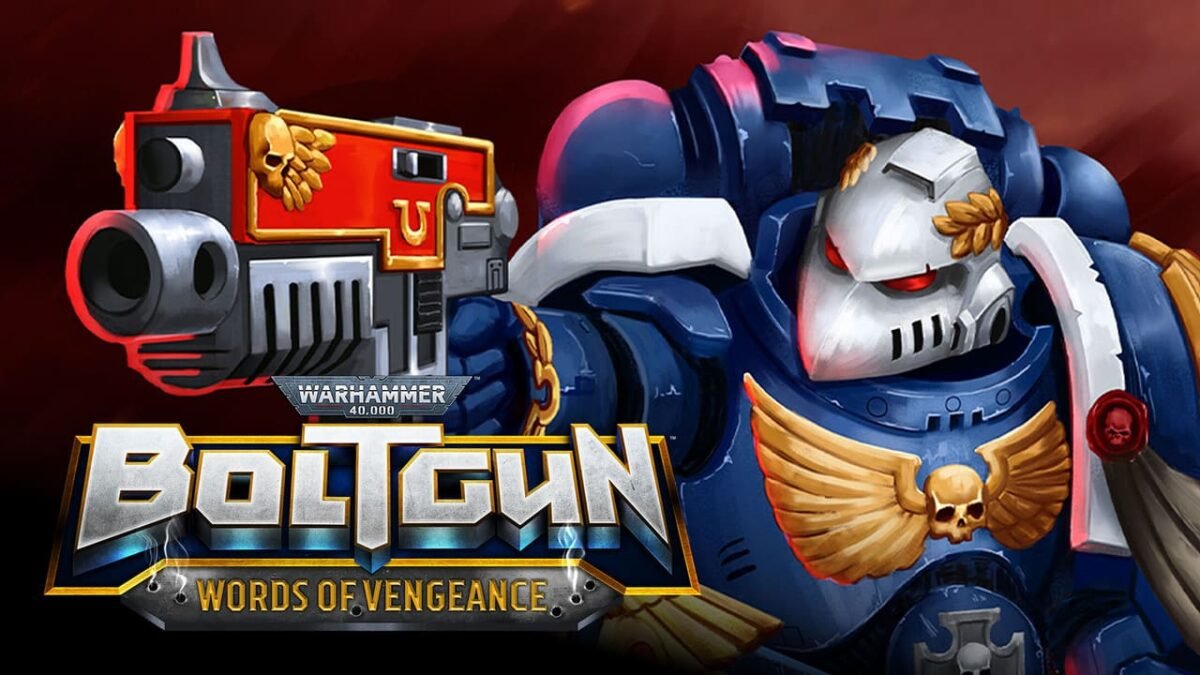 Cover art for Warhammer 40,000: Boltgun – Words of Vengeance showing a Space Marine ready to type in battle