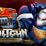 Cover art for Warhammer 40,000: Boltgun – Words of Vengeance showing a Space Marine ready to type in battle