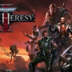 Official Warhammer 40,000: Dark Heresy artwork featuring the cast of characters against a red and orange sunset background with the game logo.