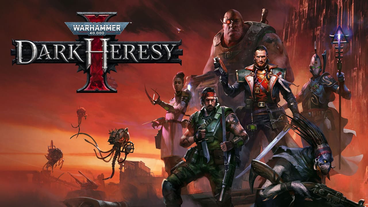 Official Warhammer 40,000: Dark Heresy artwork featuring the cast of characters against a red and orange sunset background with the game logo.