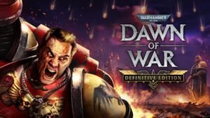 Cover art of Warhammer 40,000: Dawn of War – Definitive Edition featuring a Space Marine roaring in battle