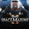 A centered Space Marine in full power armor with the Warhammer 40,000: Space Marine II logo displayed above.