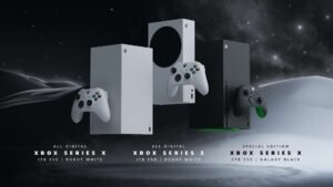 White and black Xbox Series X consoles alongside Xbox Series S, floating on a white background