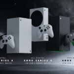 White and black Xbox Series X consoles alongside Xbox Series S, floating on a white background