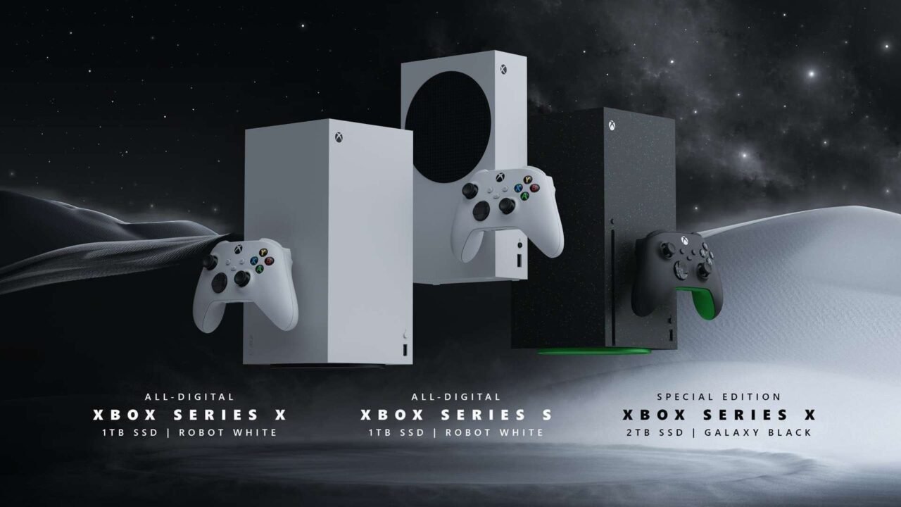 White and black Xbox Series X consoles alongside Xbox Series S, floating on a white background