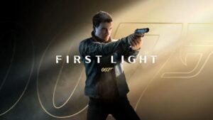 Silhouette of James Bond in a beam of light with the golden 007 First Light logo on a black background.