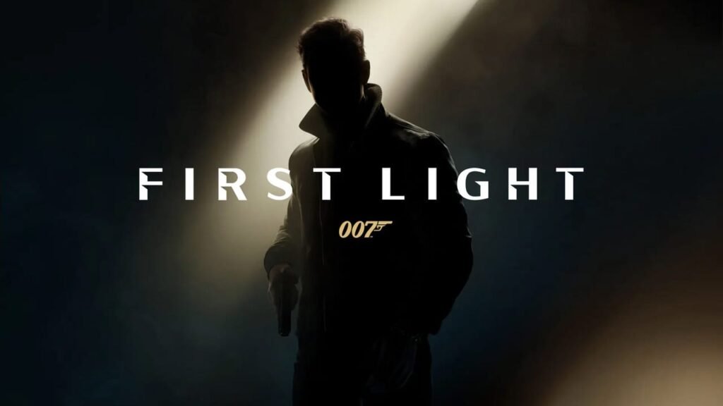 Dark image with a small beam of light revealing a silhouette of 007 alongside the “007 First Light” title and gold gun logo.