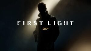 Dark image with a small beam of light revealing a silhouette of 007 alongside the “007 First Light” title and gold gun logo.