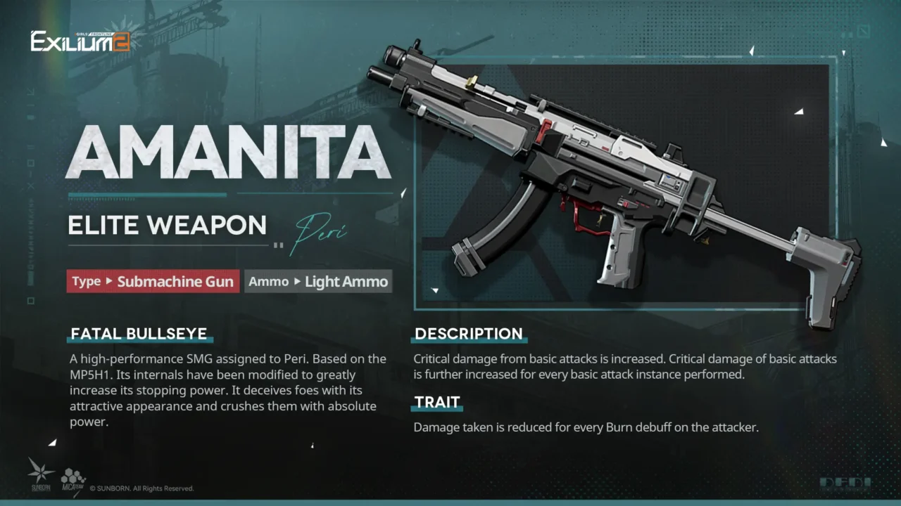 The signature SMG Amanita data sheet and basic attack critical damage stats from the Springfield GFL2 guide.
