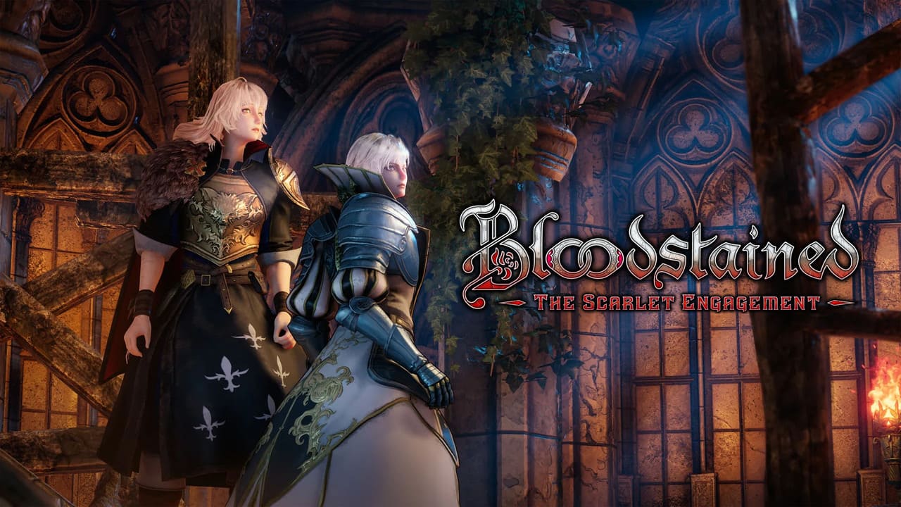 Leonard and Alexander stand in a gothic corridor with the Bloodstained: The Scarlet Engagement logo above them.