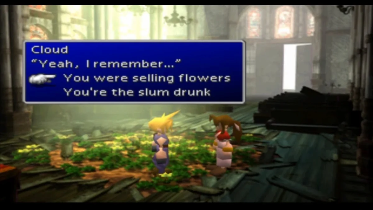 Cloud and Aerith in the original PS1 version of Final Fantasy VII, standing in the flower garden church building; pixelated models and classic textures are visible.