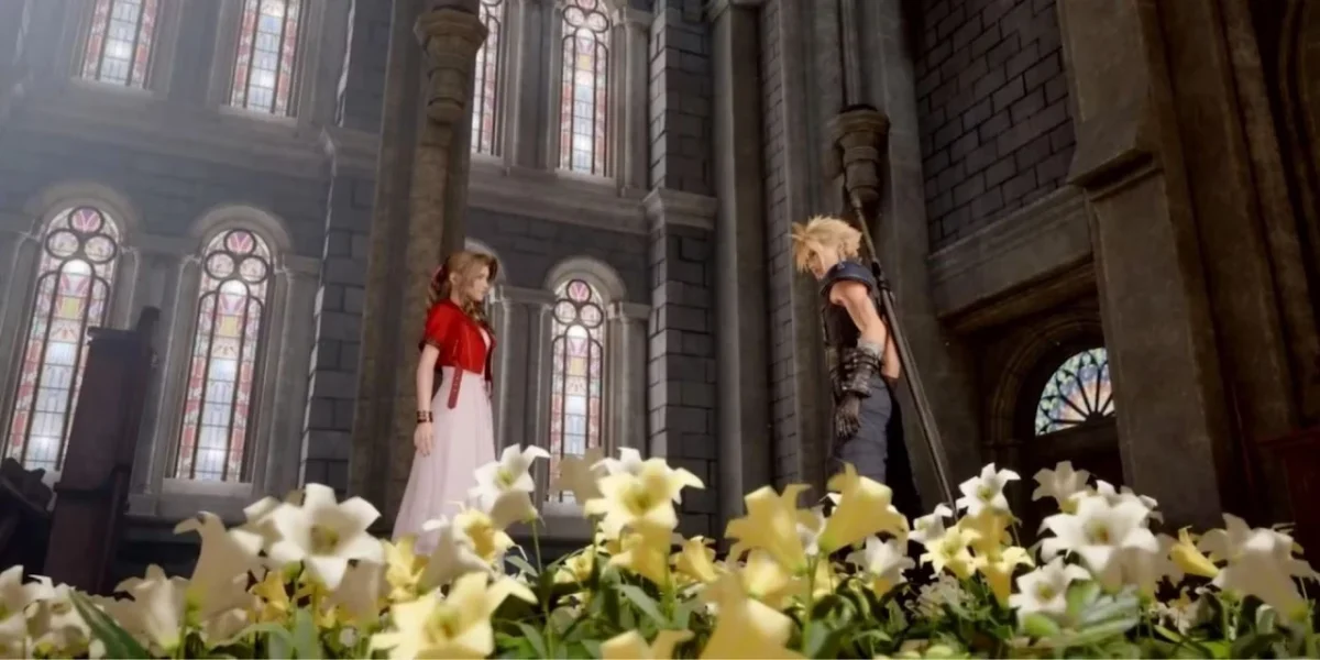 Cloud and Aerith in the 2020 Final Fantasy VII Remake, standing in the flower garden church building with updated character models, textures, and lighting.