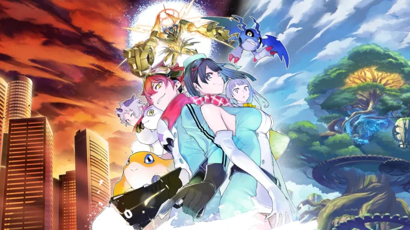 Key art for Digimon Story: Time Stranger featuring main characters and partner Digimon