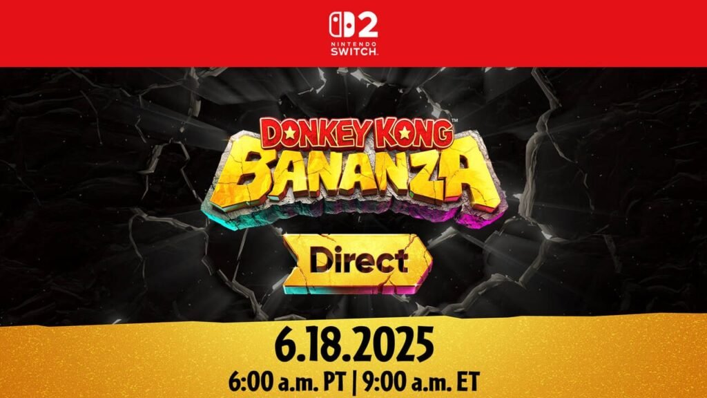Switch 2 logo above Donkey Kong Bananza logo with July 17 date underneath.