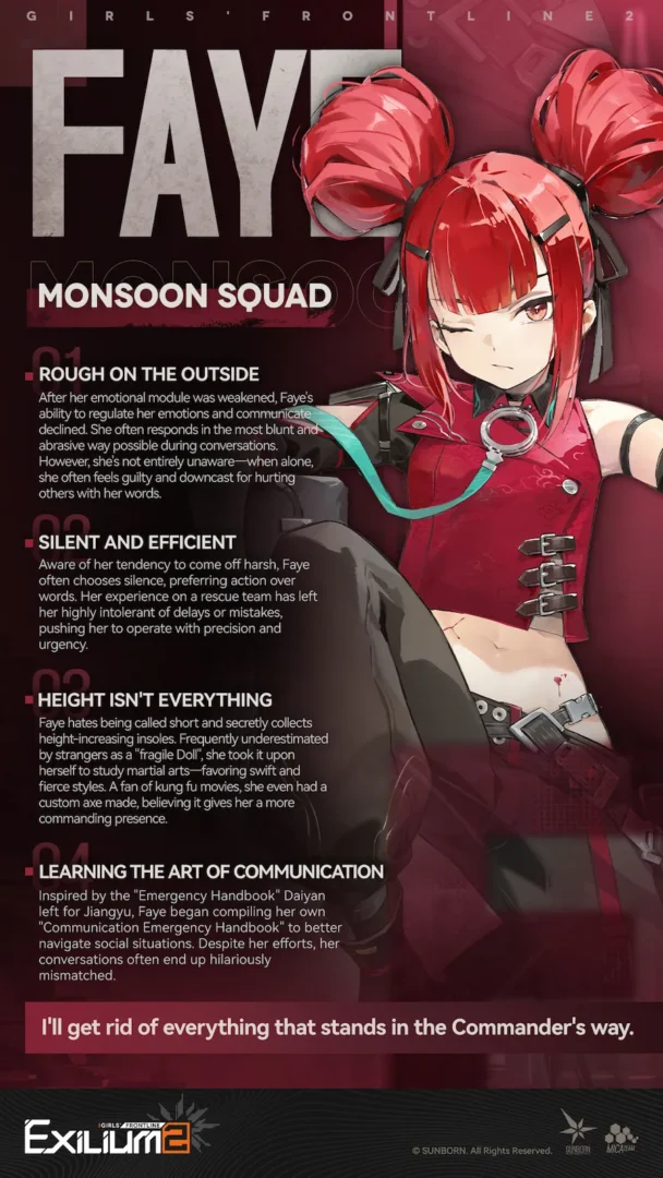 A detailed Faye (CZ75) character profile and communication handbook lore from the Springfield GFL2 guide.