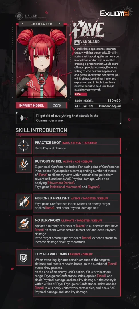 Technical skill breakdown for Faye (CZ75) detailing Rend stacks and defense ignore in the Springfield GFL2 guide.