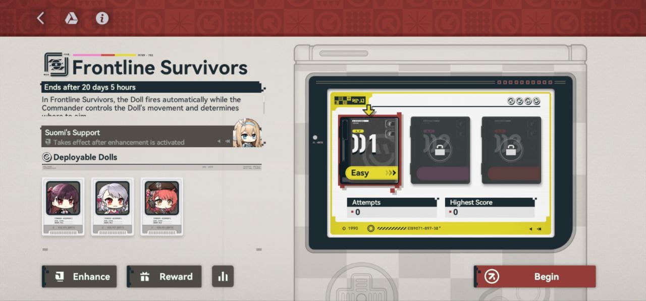 Frontline Survivors minigame screen with Makiatto, Sabrina, and Cheeta as selectable characters