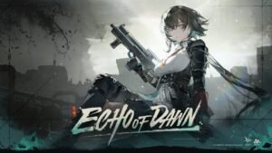 Zhaohui holding her SMG with a jade and aquamarine glow during the Echo of Dawn event