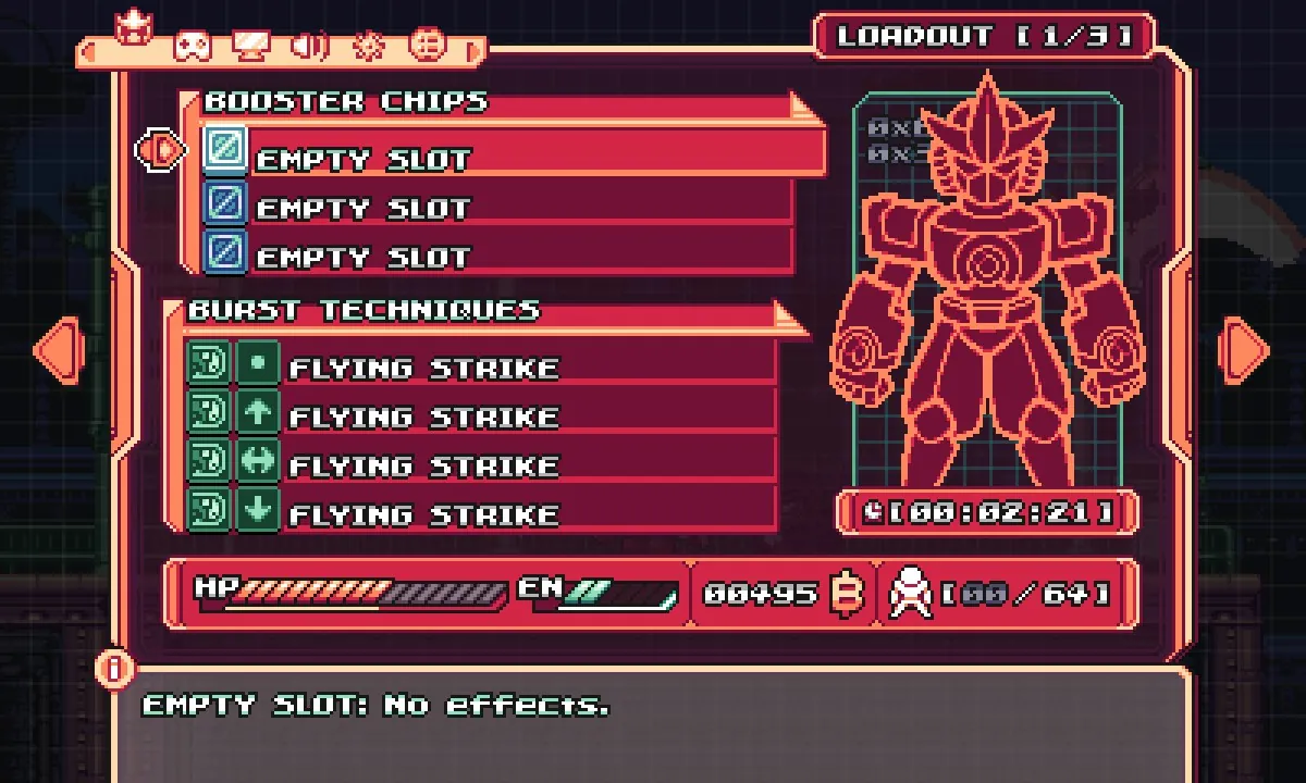 Gravity Circuit upgrade screen showing chip loadout and Burst Techniques setup