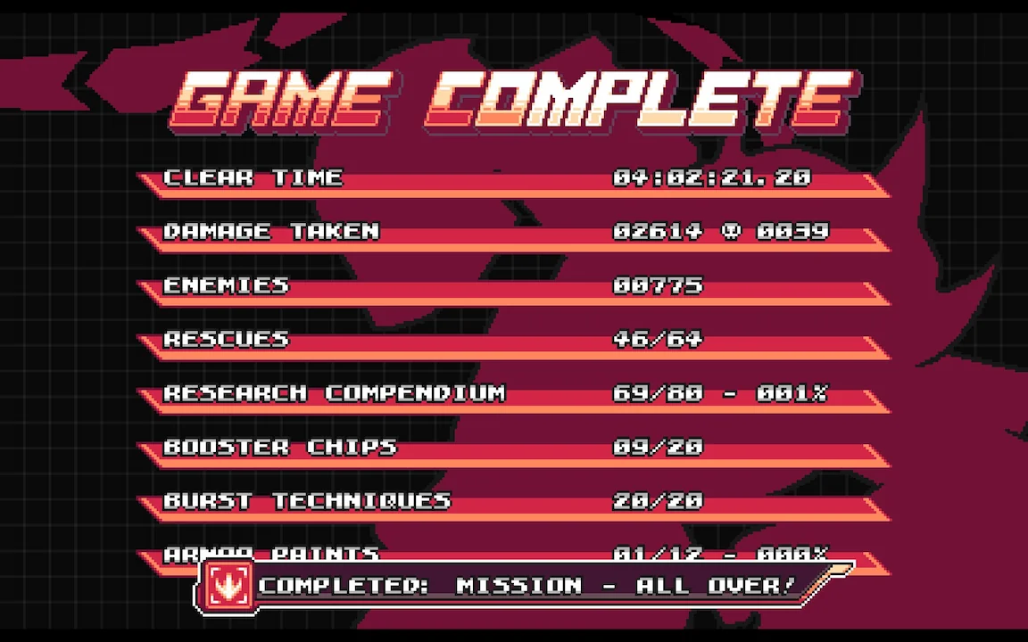 Gravity Circuit game completion screen showing “Game Complete” with playtime and stats