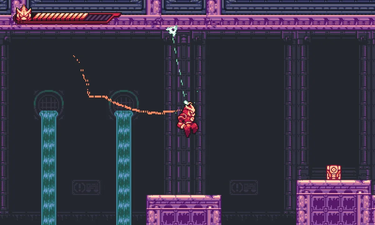 Kai swinging mid-air using the hookshot attached to the ceiling