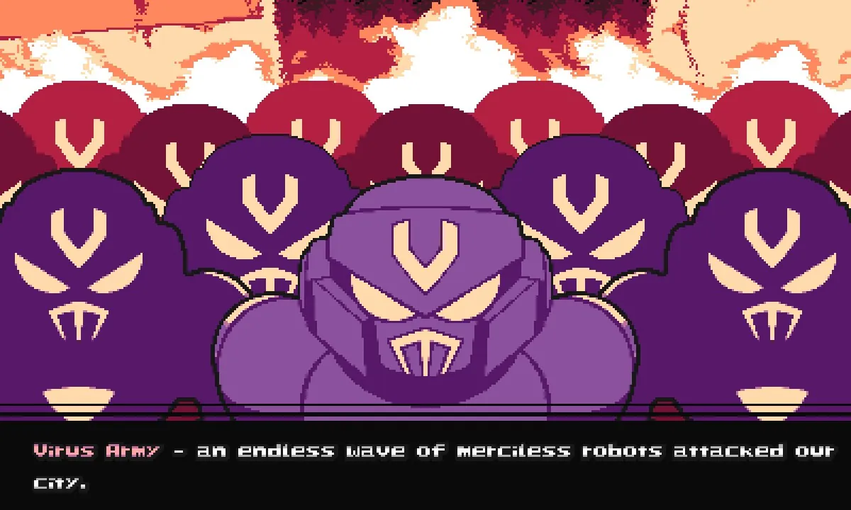 Intro cutscene showing the Virus Army, a relentless wave of merciless robots attacking a city