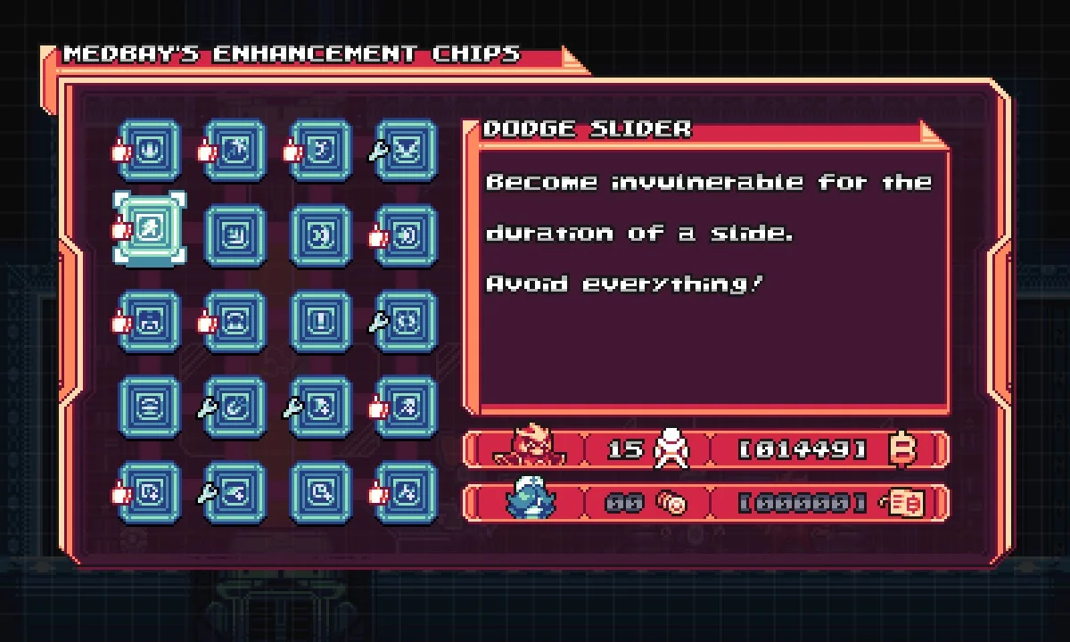 Gravity Circuit Medbay upgrade shop showing enhancement chips with dodge slider chip highlighted
