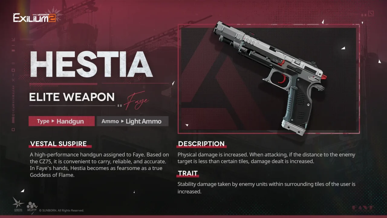 The signature handgun Hestia weapon data sheet and stability damage stats from the Springfield GFL2 guide.