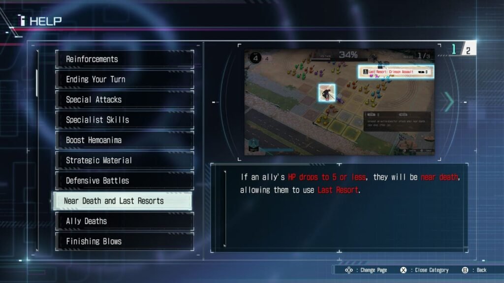 Tutorial pop-up explaining Near Death and Last Resorts mechanics in The Hundred Line