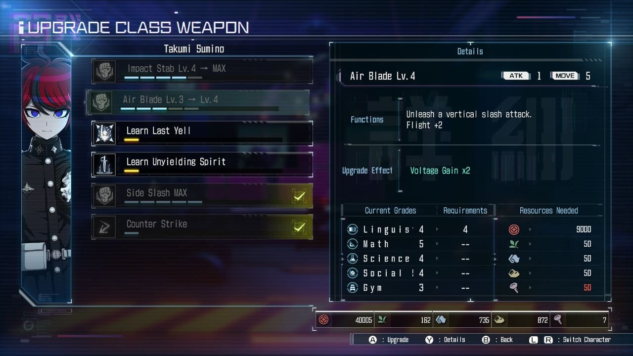 Weapon upgrade screen showing upgrade effects, requirements, and class weapon moves in The Hundred Line