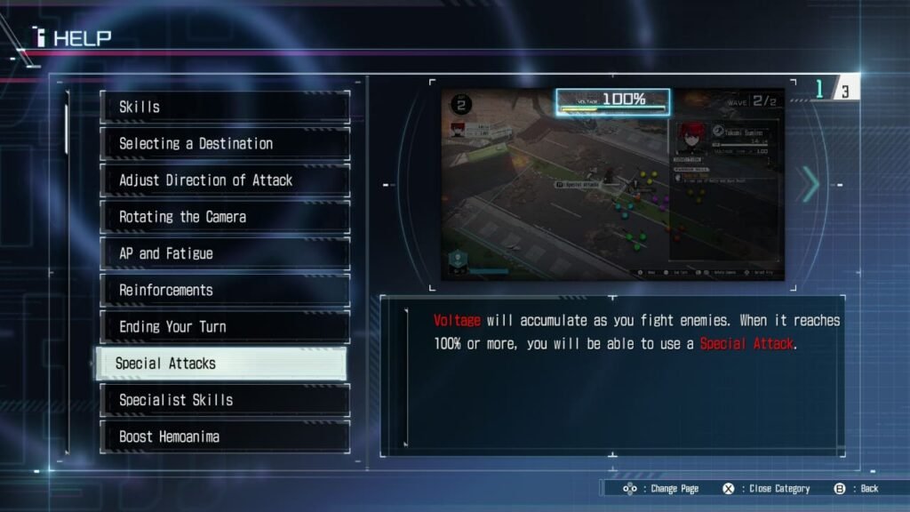 Tutorial pop-up explaining the Voltage mechanic and its effect on special attacks in The Hundred Line