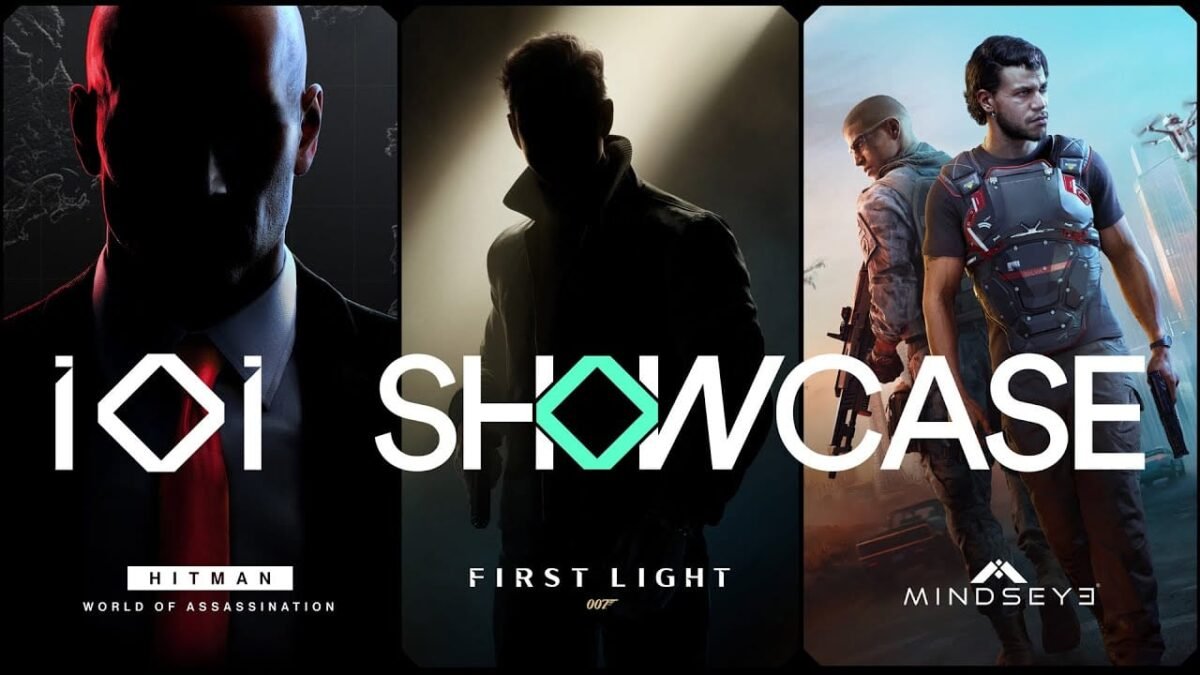 IO Interactive Showcase banner with the event date and logos for HITMAN, 007 First Light, and MindsEye.