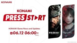 Konami Press Start 2025 livestream promotional image with logos and broadcast time