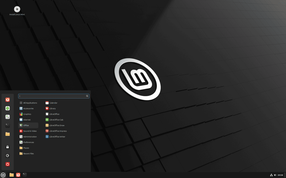 Linux Mint Cinnamon desktop showing start menu and apps