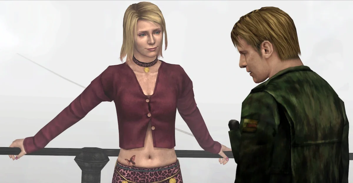 Maria and James in the original Silent Hill 2, standing in a park at the start of the game; Maria has her hands on the railing behind her, James looks down and left.