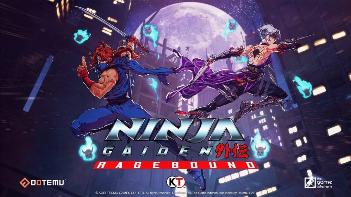 Kenji and Kumori standing back-to-back under a dark sky in the official NINJA GAIDEN: Ragebound cover art, with demonic shadows looming in the background.