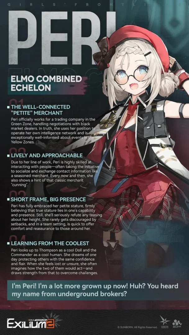 A detailed Peri (MP5) character profile and merchant background traits from the Springfield GFL2 guide.